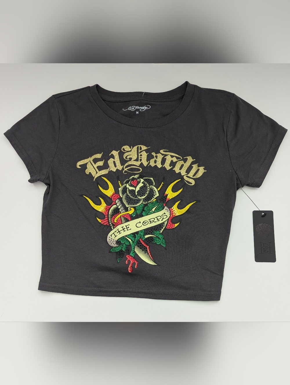 NWT Ed Hardy Jr. Ladies (M) Grey Cropped T-Shirt w/Graphics/Rhinestones/Glitter